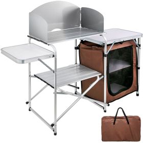 Portable Folding Camping Kitchen Table w/ Storage Rack, Brown