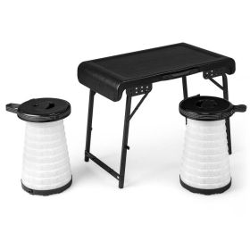 3 Pieces Folding Camping Table with 2 Retractable LED Stools