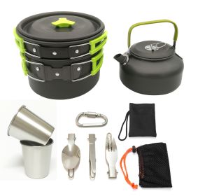 Outdoor 2-3 people camping teapot cutlery cookware set (Color: VNJF-green)